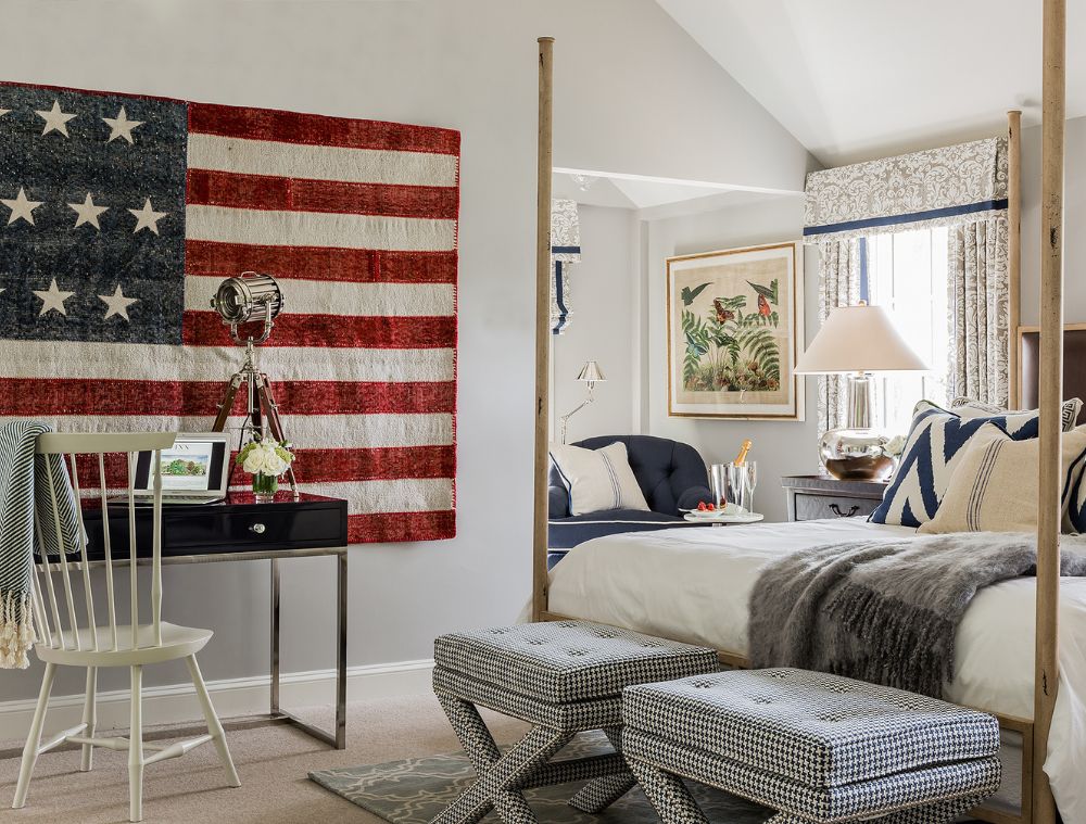 Living area with American flag on the wall