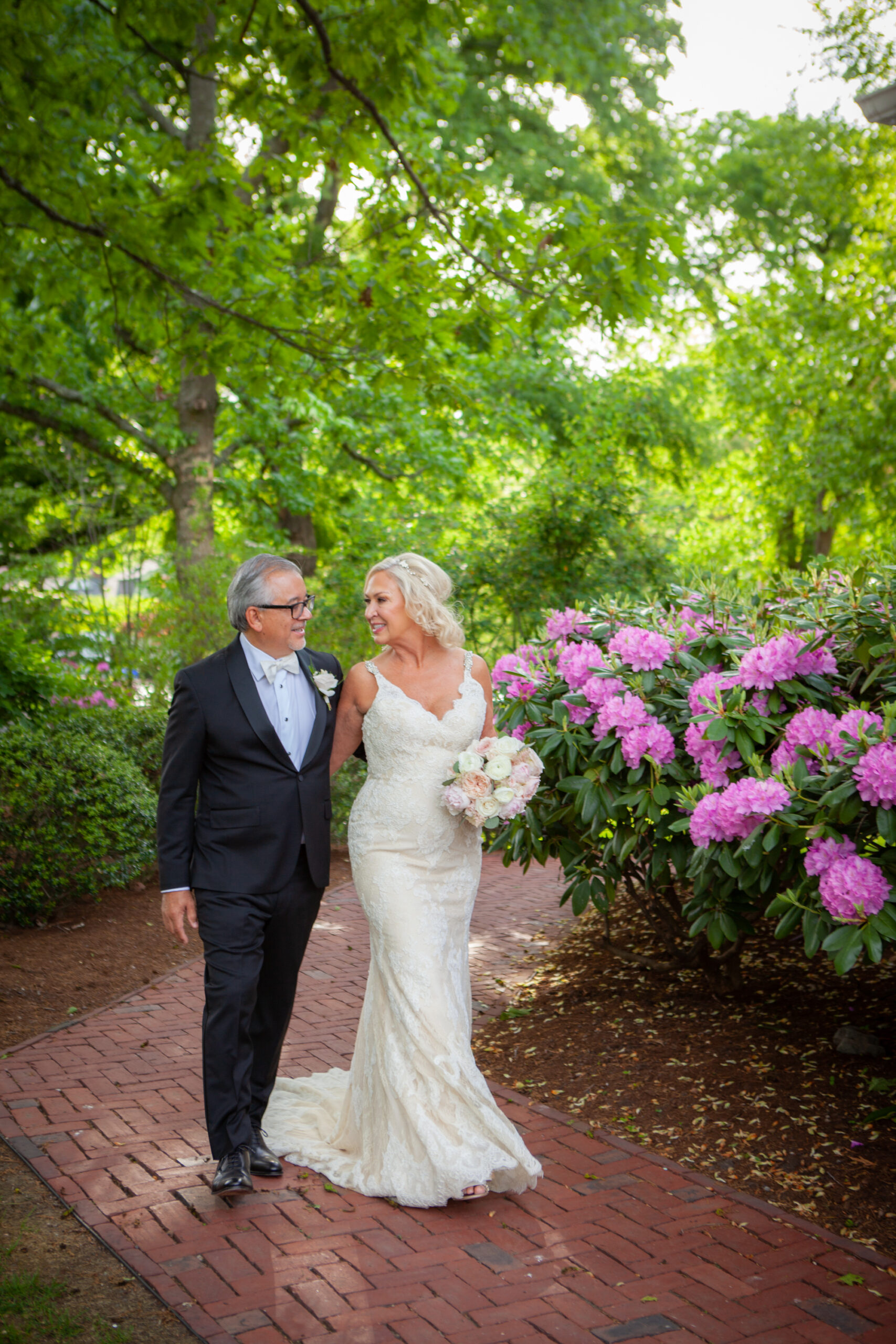 Bride and groom walking in