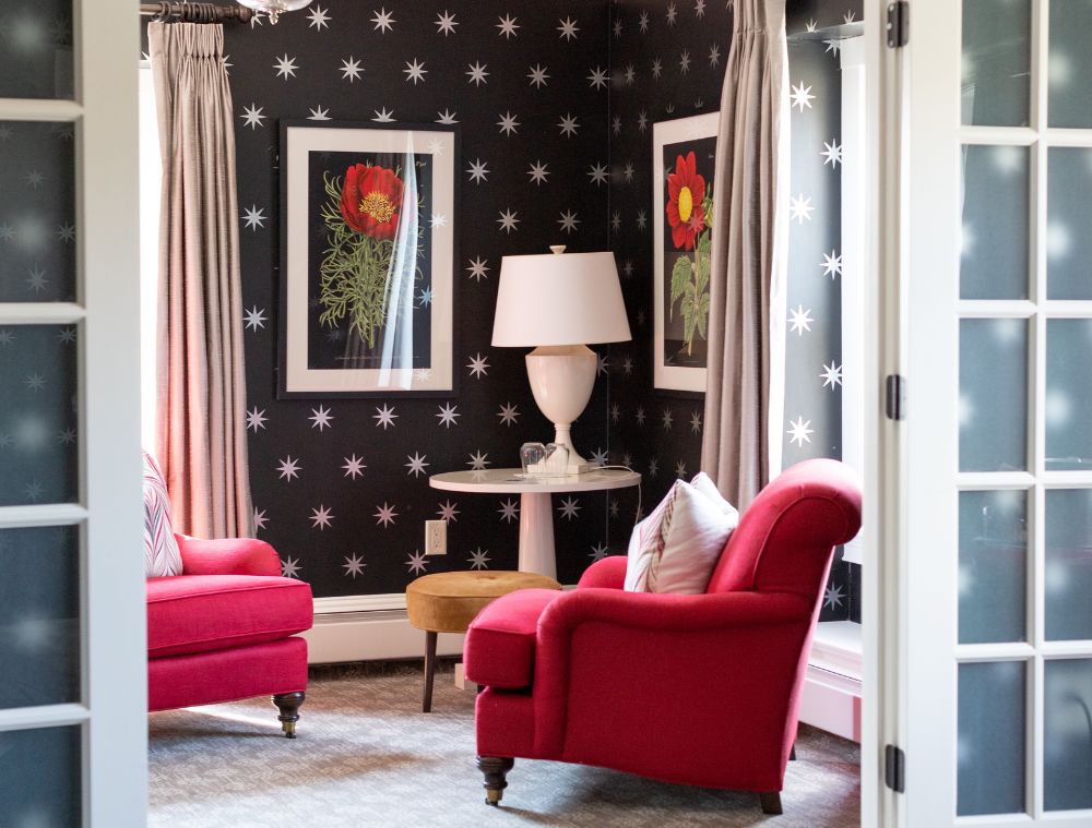 Living area with polka dot wallpaper