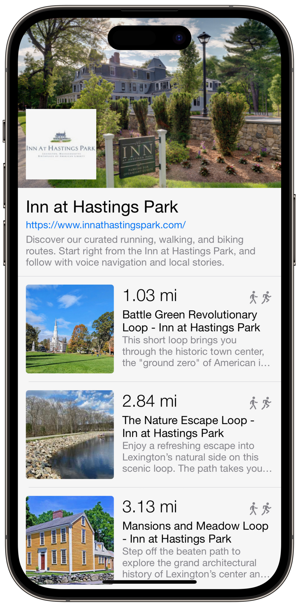 A smartphone displays a website with hiking and biking trail options, distances, and photos for Inn at Hastings Park in Lexington, Massachusetts.